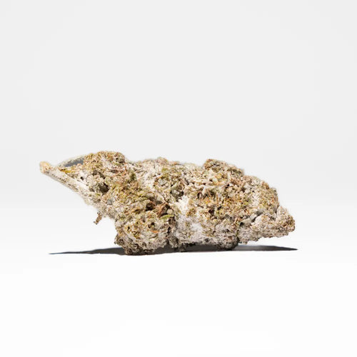 Crystal Kush 25% THCA flower shown as a frosty bud with visible orange trichomes and a dense, resin-coated structure on a clean light background.
